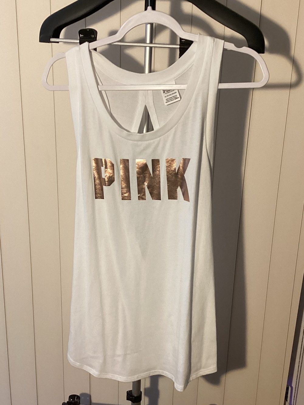PINK Victoria's Secret White Tank with Metallic Rose Gold Logo - NWOT!